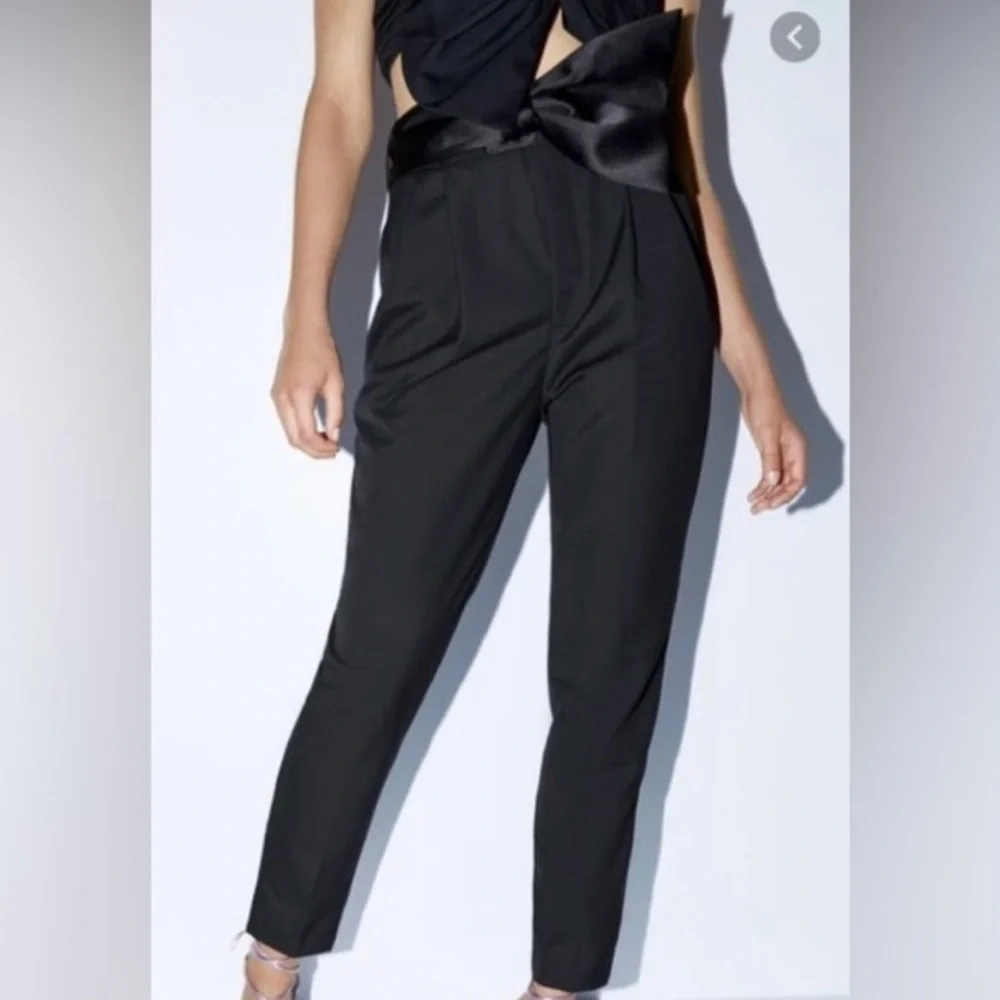 Zara Satin Bow Sash Belt Trousers Dress Pants Cocktail Black Size XL